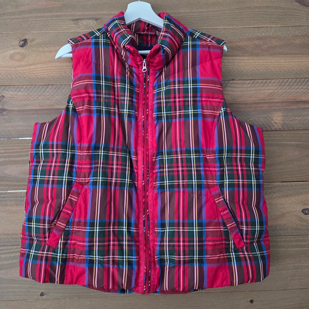 Lands‎ End Puffer Vest Red Plaid Down Filled Women 1X 16W-18W